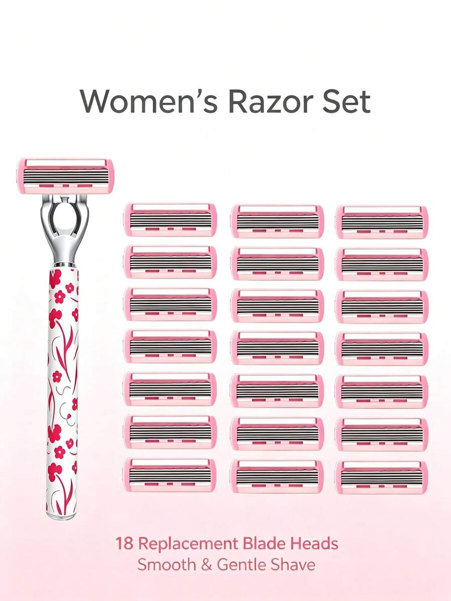 1 Gagang + 18 Mata Pisau Pengganti, Alat Cukur Manual Wanita, Motif Bunga Anti Selip, 6 Mata Pisau Baja Tahan Karat, Penghilang Bulu Tanpa Rasa Sakit untuk Kaki, Ketiak, Bikini, Tubuh, Alat Kecantikan untuk Perjalanan, Alat Cukur Tubuh Manual, Alat Cukur Wanita, Pemangkas Bikini - Model yang ditingkatkan - View 1