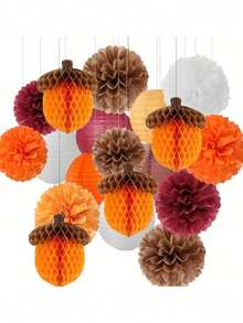 5pcs/1pc Autumn Acorn Honeycomb Paper Decorations, Autumn Thanksgiving And Halloween Decor, Suitable For Party Ceiling Decoration, Thanksgiving Props, Indoor Holiday Background Wall And Brown Orange Paper Lantern Decoration - Multicolor - View 2