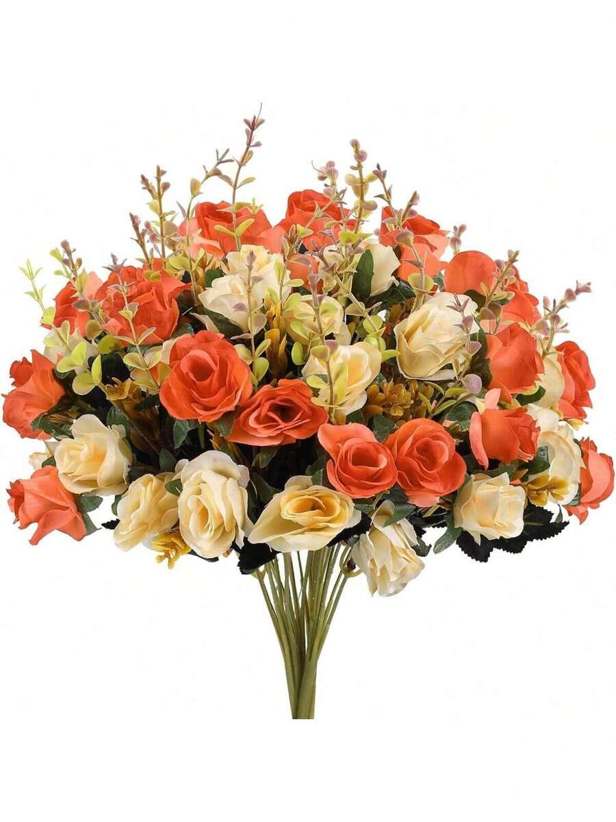 1/3/60pcs Artificial Rose & Peony Flower Bouquet, Suitable For Home, Restaurant, Living Room, Wedding Decoration, Autumn Artificial Flowers, Autumn Bouquet, Thanksgiving Home Decor, Spring & Autumn Season Decoration - Orange - View 1