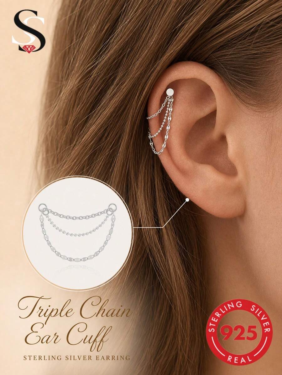 SereneSpark 1pc 925 Sterling Silver Vintage Triple Chain Drop Earring Accessory, Suitable For Daily Wear, Dating, Vacation, Wedding, Party, Holiday Gift - Silver - View 1