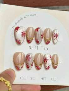 24pcs Handmade Reusable Full Coverage Nail Tips, Elegant Short Almond Shape Glossy Finish, Hand-Painted Pink Rose Red Floral With Shiny 3D Gold Outline Design, Natural Skin Tone Glossy Press-On Nails, Perfect Fit, Suitable For Women's Commuting And Daily Wear - Multicolor - View 4