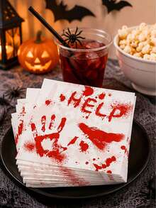 20pcs Halloween Bloody Handprint Napkins, Printed With Horror "HELP" Text, Halloween Disposable Party Napkins, Halloween Horror Theme Table Decor Party Napkins, Horror Party Supplies, Halloween Party Decoration - Multiple Styles - View 3