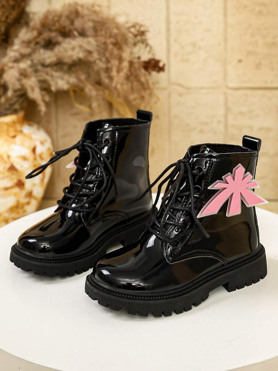 Botas de Trabalho Minimalistas Brilhantes para Meninas Outono/Inverno com Patch de Estrela, Sola Grossa Durável, Botas Curtas Casuais de Tornozelo para Escola - Rosa chiclete - Visão 1