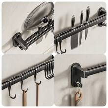 Wall-Mounted Kitchen Storage Rack With Hooks, No Drilling Adhesive Or Screws Required, Self-Adhesive Pot Rack For Tile Wall, Small Kitchen Pot Rack Organizer, Space-Saving Kitchen Wall-Mounted Pot Lid And Utensil Storage Rack, Suitable For Kitchen, Bathroom, Bedroom, For Hanging Wet Towels And Robes - Multicolor - View 6