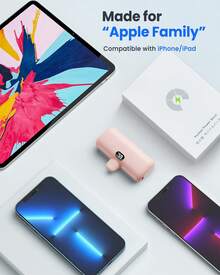JAMJAKE 5000mAh 小型便携式手机充电器，内置电缆，带 LCD 显示屏和 LED 灯的移动电源，适用于所有手机系列 Lightning 端口内置直接充电快速充电手机小型便携式充电器、移动电源、便携式充电器适合夏季假期户外旅行/露营和紧急备用移动电源，适合送给家人、朋友、生日的礼物，电量显示 - 粉色 - 查看 5