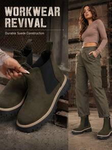 Autumn/Winter New Green Suede Thick Sole Chelsea Ankle Boots, Slouchy Slip-On Design Height-Increasing Platform Boots, Wear-Resistant Non-Slip Rubber Outsole Street Style Versatile Cylinder Boots - Green - View 2