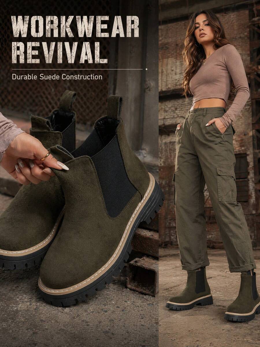 Autumn/Winter New Green Suede Thick Sole Chelsea Ankle Boots, Slouchy Slip-On Design Height-Increasing Platform Boots, Wear-Resistant Non-Slip Rubber Outsole Street Style Versatile Cylinder Boots