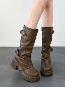 Multi-Buckle Ruched Thick Sole Knee-High Boots, Plus Size Women's Vintage Autumn/Winter Street Rider Boots - Khaki - View 8