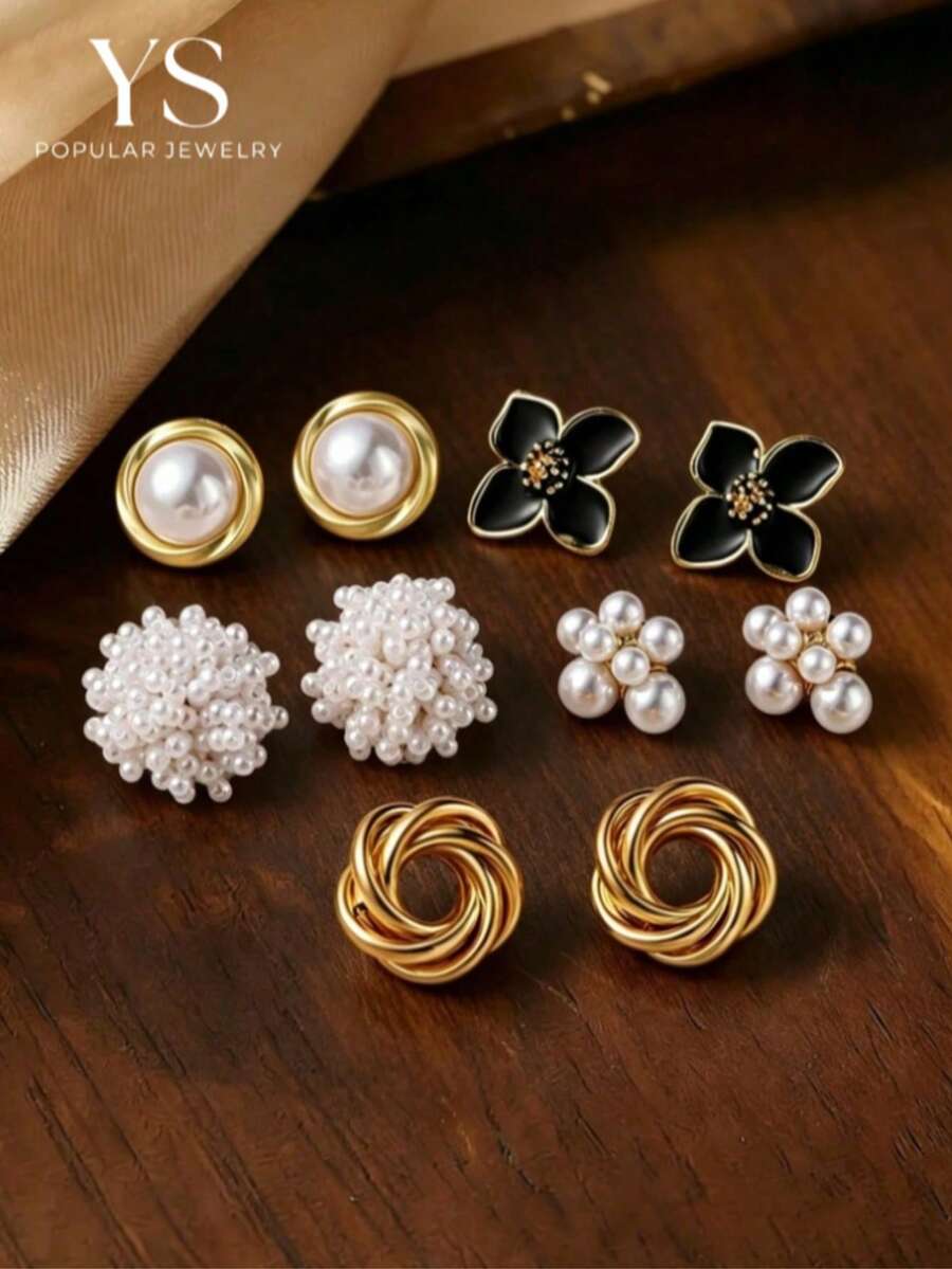 5 pares/1 par de pendientes de botón elegantes para mujer, serie de flores con perlas falsas, estilo hada, juego de pendientes a juego para uso diario casual - Dorado - Ver 1