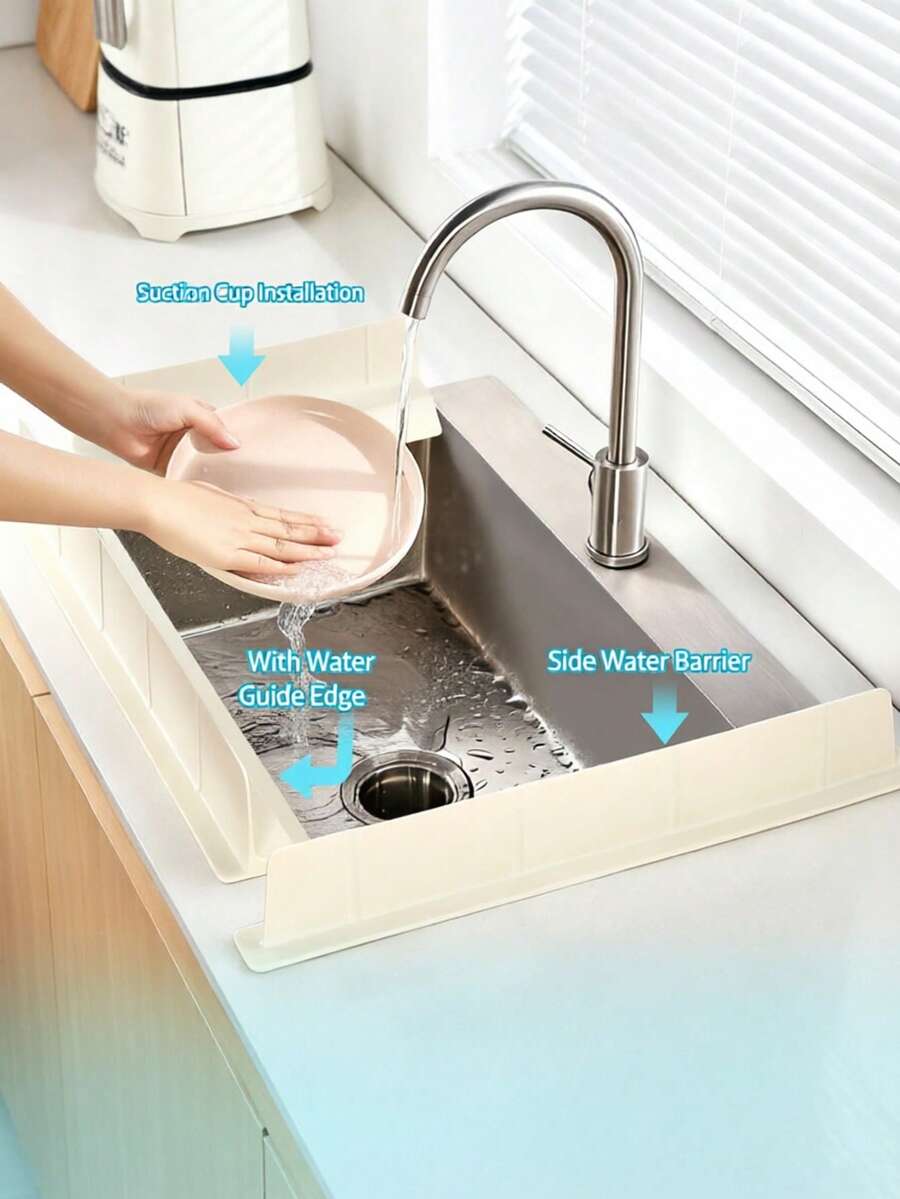 Silicone Sink Splash Guard With Suction Cups, Water Flow Diverter For Sink Edge And Under Faucet, Kitchen Countertop Anti-Slip Drip Guard