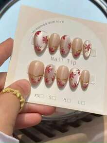 24pcs Handmade Reusable Full Coverage Nail Tips, Elegant Short Almond Shape Glossy Finish, Hand-Painted Pink Rose Red Floral With Shiny 3D Gold Outline Design, Natural Skin Tone Glossy Press-On Nails, Perfect Fit, Suitable For Women's Commuting And Daily Wear - Multicolor - View 3