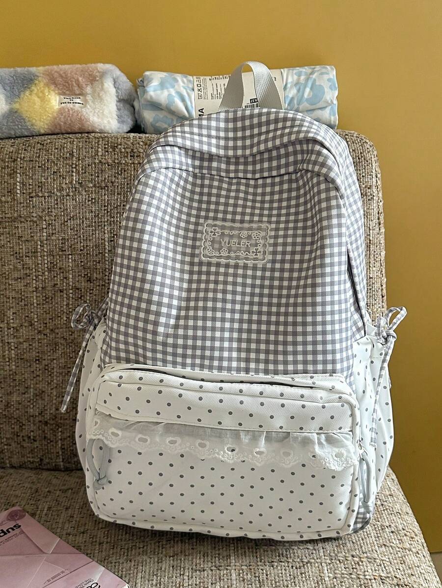 1pc Minimalist Large Capacity Polka Dot Plaid Backpack School Bag Suitable For Travel, Outing, Shopping, Vacation - Grey - View 1