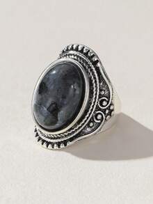 Nocturel Vintage Style Oval Moonstone Inlaid Antique Silver Plated Ring - Antique Silver - View 3