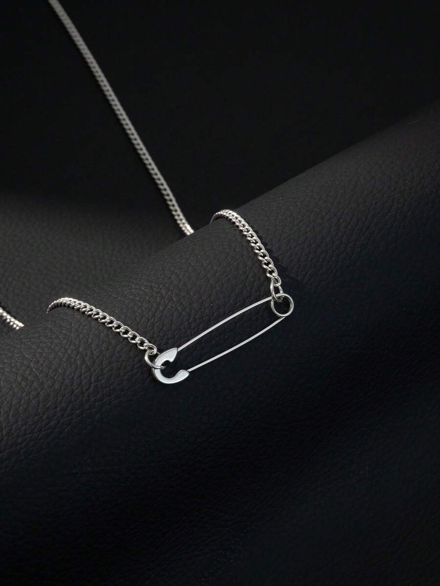 1 pièce Collier pendentif épingle de sûreté punk rock, collier chaîne cubaine argent pour homme, accessoire de style avant-garde e-boy, mode streetwear cool, style Y2K - Argent - Voir 1