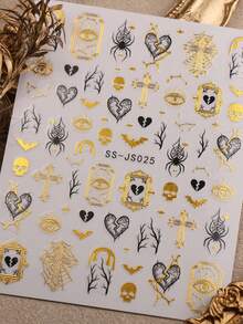 2pcs Gothic Y2K Vintage Nail Art Stickers, Halloween Day Of The Dead Dark Style Skull Spider Web Heart Nail Decoration, Nail Artist Supplies, Suitable For Party, Music Festival, Rock Style Outfit - Multicolor - View 6