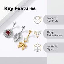 3Pcs Assorted Inlaid Rhinestone Belly Button Rings, Screw Ball Dangle Navel Piercing Jewelry Set For Women - 3-piece Set - View 7