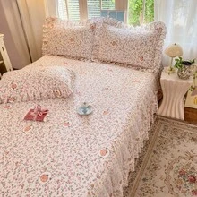 3件組床裙套件（1件床裙 + 2件枕套），蕾絲飾邊，花卉圖案風格，柔軟親膚，四季適用，適合臥室使用的床上用品套組 - 粉色 - 查看 8