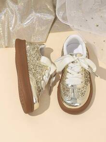 1 Pair New Baby Shiny Rhinestone Sports Shoes, Girls Fashion Training Shoes - Gold - View 5