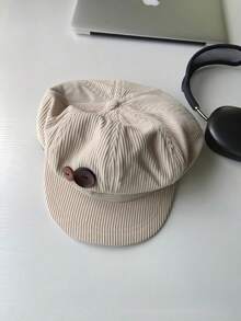 Women's Vintage Soft Corduroy Newsboy Cap Baggy Baker Boy Hat With Wooden Buckle Accent Casual Newsboy Cap Easy To Match Perfect Gift For Women! - 雙紐扣八角帽-米色 - 查看 7