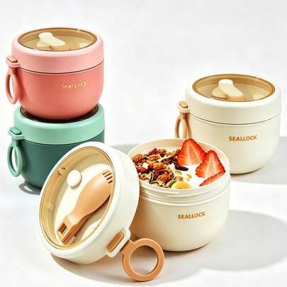 1 pieza Taza de avena, Taza de desayuno, Taza aislada y sellada con tapa y cuchara portátil, Taza de ensalada, Taza de yogur, Taza de cereal y batido, Recipiente a prueba de fugas, Taza de comida para camping y picnic al aire libre, Adecuada para escuela, oficina, viajes