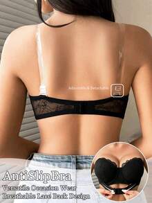 1pc Black Front Closure Lace Bandeau Bra, Push Up For Small Chest, Strapless Anti-Slip Bandage Bra With Transparent Shoulder Straps For Women - Black - View 2