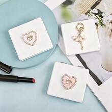 Women's Double-Sided Folding Portable Makeup Mirror - 1:1 Normal & 1:2 Magnification, Heart Ballet Dancer Synthetic Leather Protective Case, Suitable For Office, Portable Bag, Travel Makeup Mirror, Student Small Mirror - Small Square Mirror - View 2