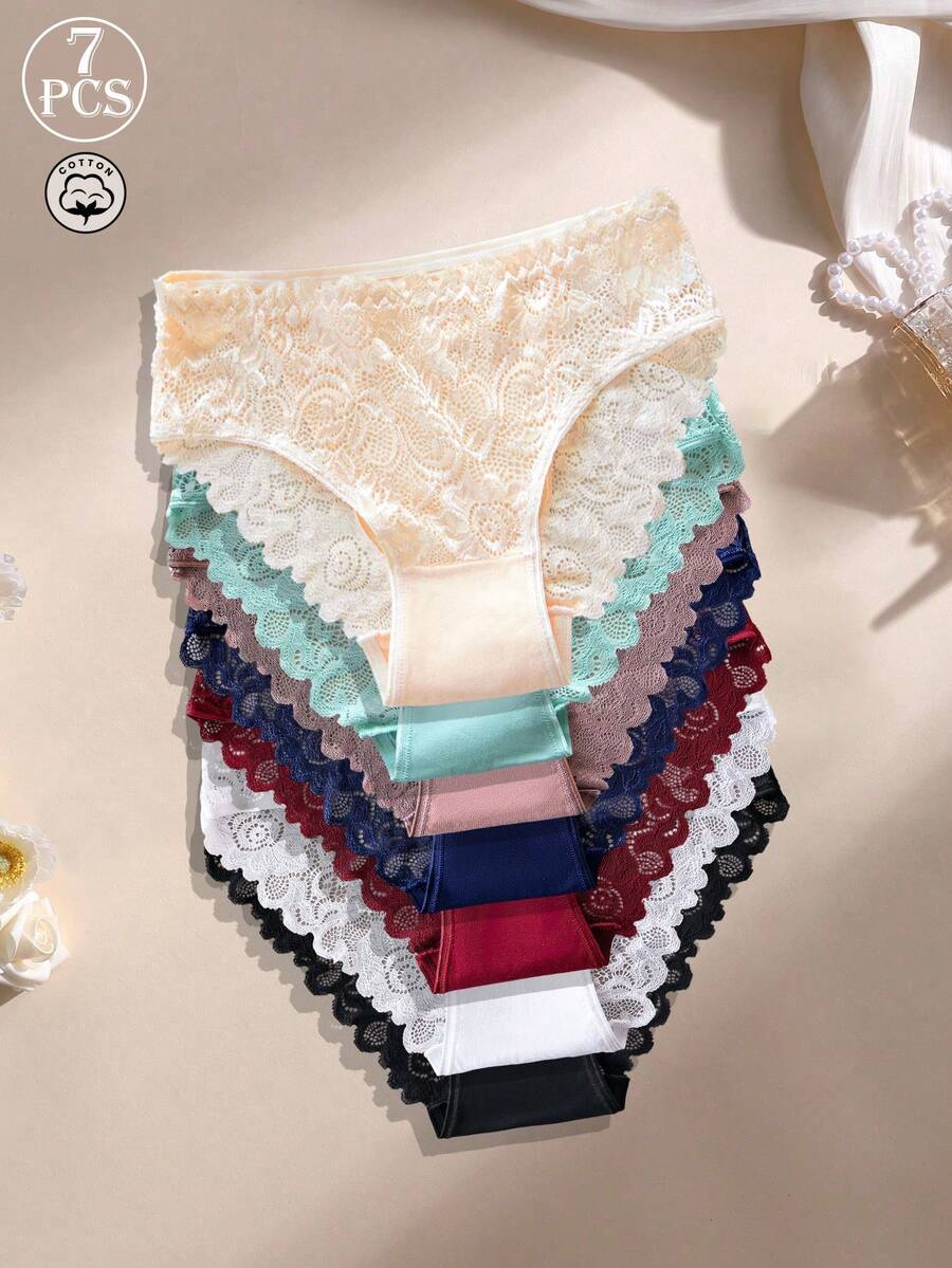 7pcs Women's Floral Lace Cotton Mid-Waist Embroidered Panties, Soft And Comfortable
