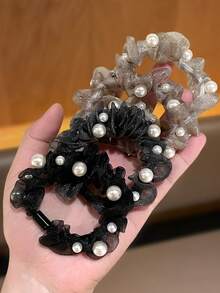4pcs 2.76inch/7cm Women's Organza Hair Scrunchies With High-End Pearl Aurora Design, Elegant Mesh Hair Ties For Bun Hairstyles, Daily Wear Hair Accessories - Multicolor - View 1