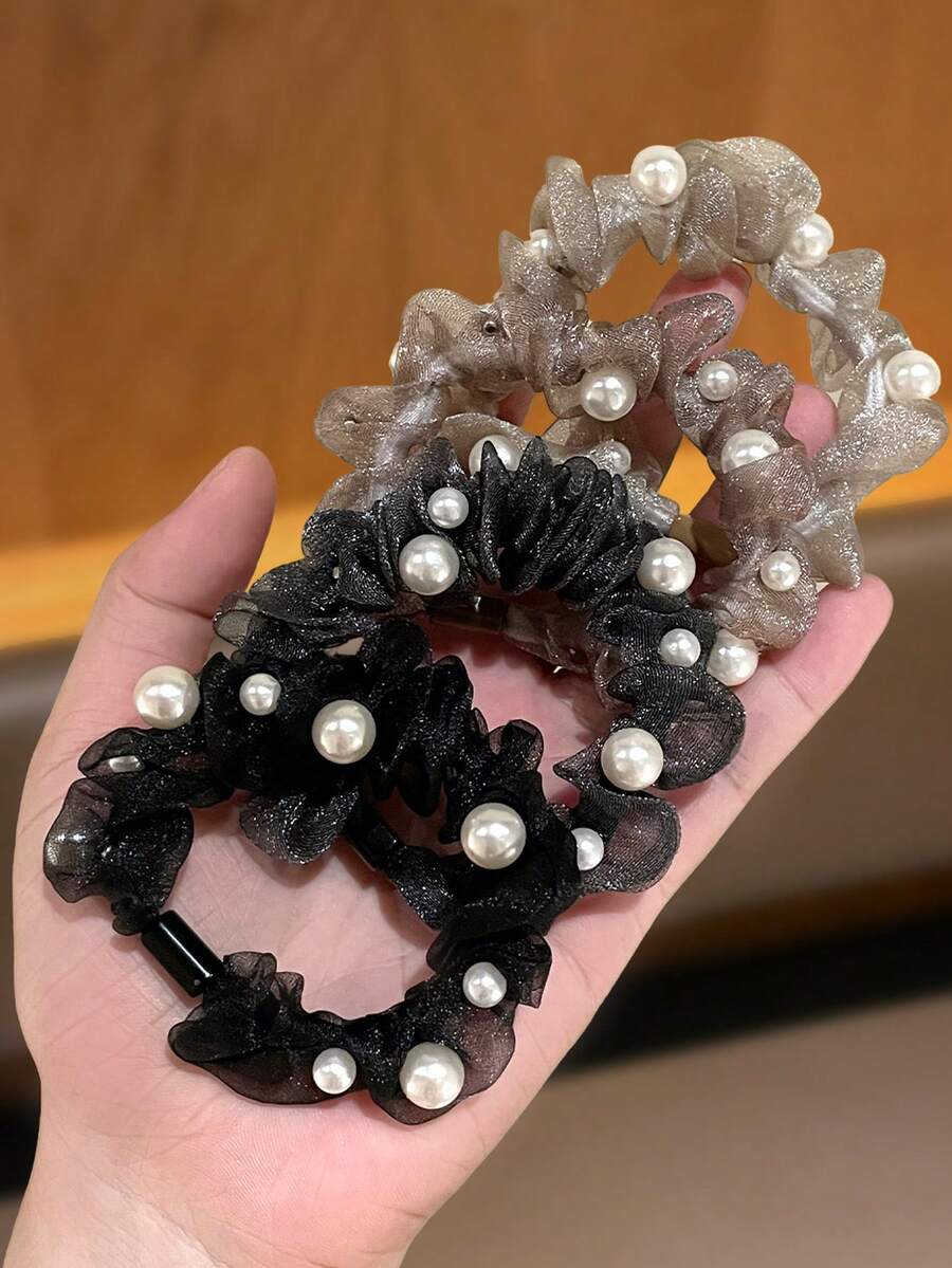 4pcs 2.76inch/7cm Women's Organza Hair Scrunchies With High-End Pearl Aurora Design, Elegant Mesh Hair Ties For Bun Hairstyles, Daily Wear Hair Accessories - Multicolor - View 1