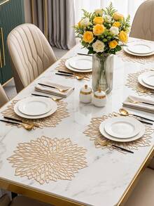 12pcs Gold Flower 15-Inch Round Placemats, PVC, 3.94-Inch Round Hollow Flower Coasters, Washable, Easy Clean, Wipe-Clean, Non-Slip, Heat-Resistant, Suitable For Room Decor, Dining Table Decor, Home Decor, Holidays, Parties, Birthdays, Weddings And Dinners - Multicolor - View 4