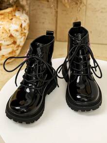 Botas de Trabalho Minimalistas Brilhantes para Meninas Outono/Inverno com Patch de Estrela, Sola Grossa Durável, Botas Curtas Casuais de Tornozelo para Escola - Rosa chiclete - Visão 6