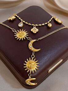 Set/1Pc Delicate Sun & Moon Zirconia Multi Charm Stainless Steel Necklace Bracelet Jewelry Set,For Women,Party,Daily,Birthday/Halloween/Christmas Gifts - Multicolor - View 2