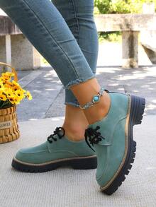 WTKMRSSTEP Autumn/Winter Vintage Thick Sole Loafers British Casual Commuter Shoes For Women - Mint Blue - View 5