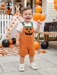 Mono de Halloween para niño pequeño con bolsillos, mono sin mangas de canalé - Naranja - Ver 3