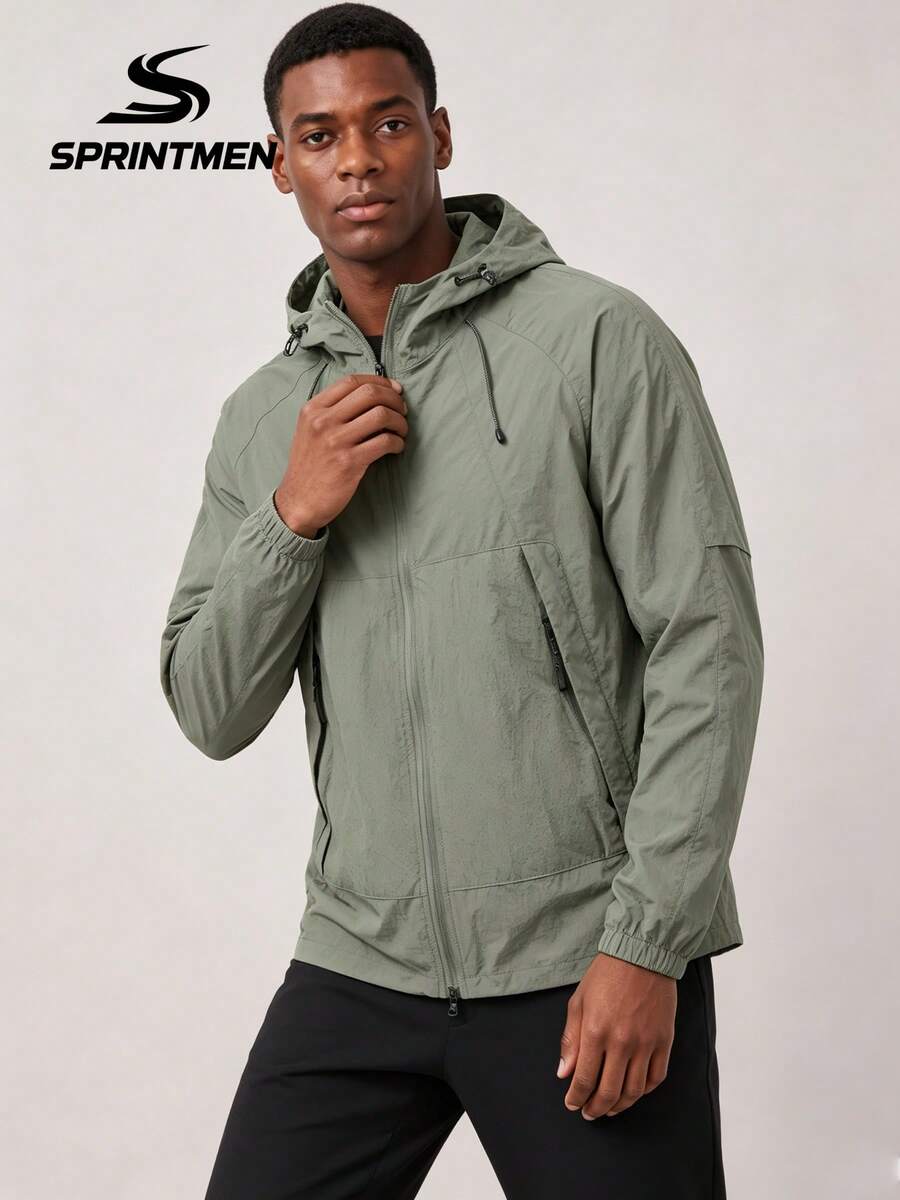 1pc Men's Green Lightweight Hooded Sports Jacket, Adjustable Drawstring Hem, Comfortable Versatile Outdoor Running Cycling Hiking Fishing Casual Wear - Green - View 1