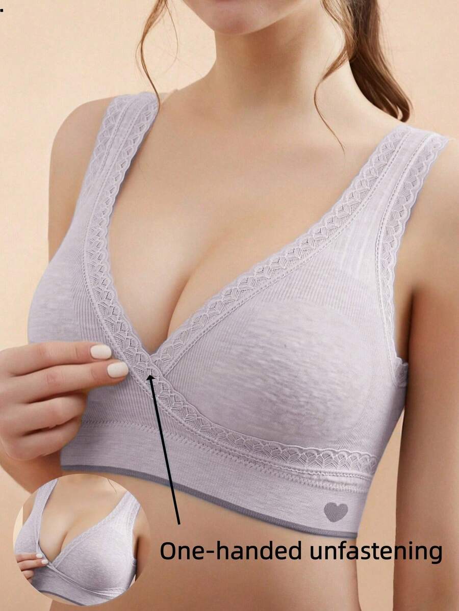 1 件装孕妇文胸带蕾丝花边交叉哺乳无钢圈无缝哺乳文胸,紫色 - 淡紫色 - 查看 1