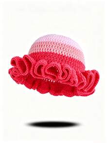 Contrast Color Knit Large Ruffle Edge Versatile Handmade Crochet Hat (Random Hat Color) - Multicolor - View 10