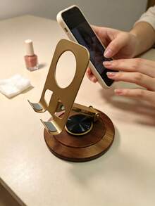 1pc Walnut Wood Base Metal Bracket 360 Degree Rotating Foldable Thickened Solid Wood Multi-Compatible Phone Tablet Universal, Portable Foldable Desktop Phone Stand, Compact Phone Stand, Suitable For Desktop, Office, Kitchen And Bedroom - A - View 5