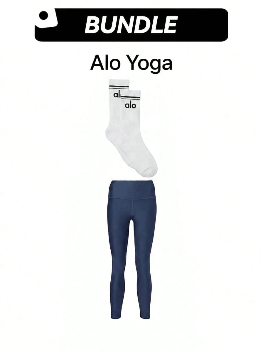 Alo Yoga Socks & Leggings 2 Pieces Set Lightweight Breathable - White+Navy - View 1