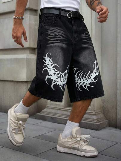Justice Brother 1pc American Street Style Graphic Print Men's Denim Mid-Length Shorts, Minimalist Design, Loose Fit, Bermuda Shorts (Belt/Accessories Not Included)