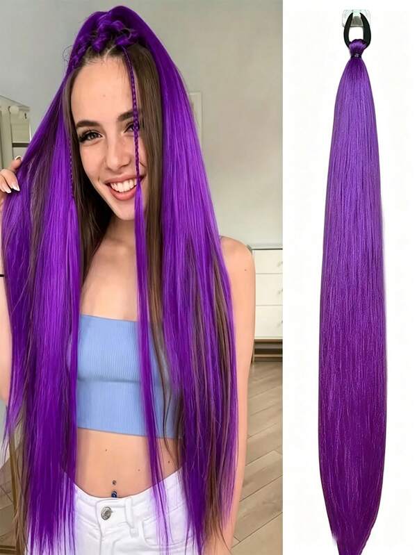 2 piezas Peluca trenzada de 24 pulgadas para niñas en color púrpura con cabello largo liso Yaki resistente al calor y voluminoso, accesorios para coleta, adecuada para uso diario de niñas, fiestas y reuniones, estilo de mujer, esta peluca resistente al calor y duradera es perfecta para trenzas, coletas, fiestas y cosplay diario, anime, Y2K, cosplay, actuación en escenario, fiestas y disfraces de Halloween