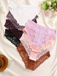 FINETOO 8pcs Women's Hollow Lace Patchwork Cotton Triangle Panties, Fashionable Sexy Women's Underwear, Suitable For Spring And Summer - Multicolor - View 3