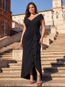 EVERPRETTY Women's Plus Size Elegant V-Neck Sleeveless Pleated Ruffle Asymmetrical Hem Midi Formal Dress, Suitable For Party, Evening Gala, Wedding Guest - Black - View 2
