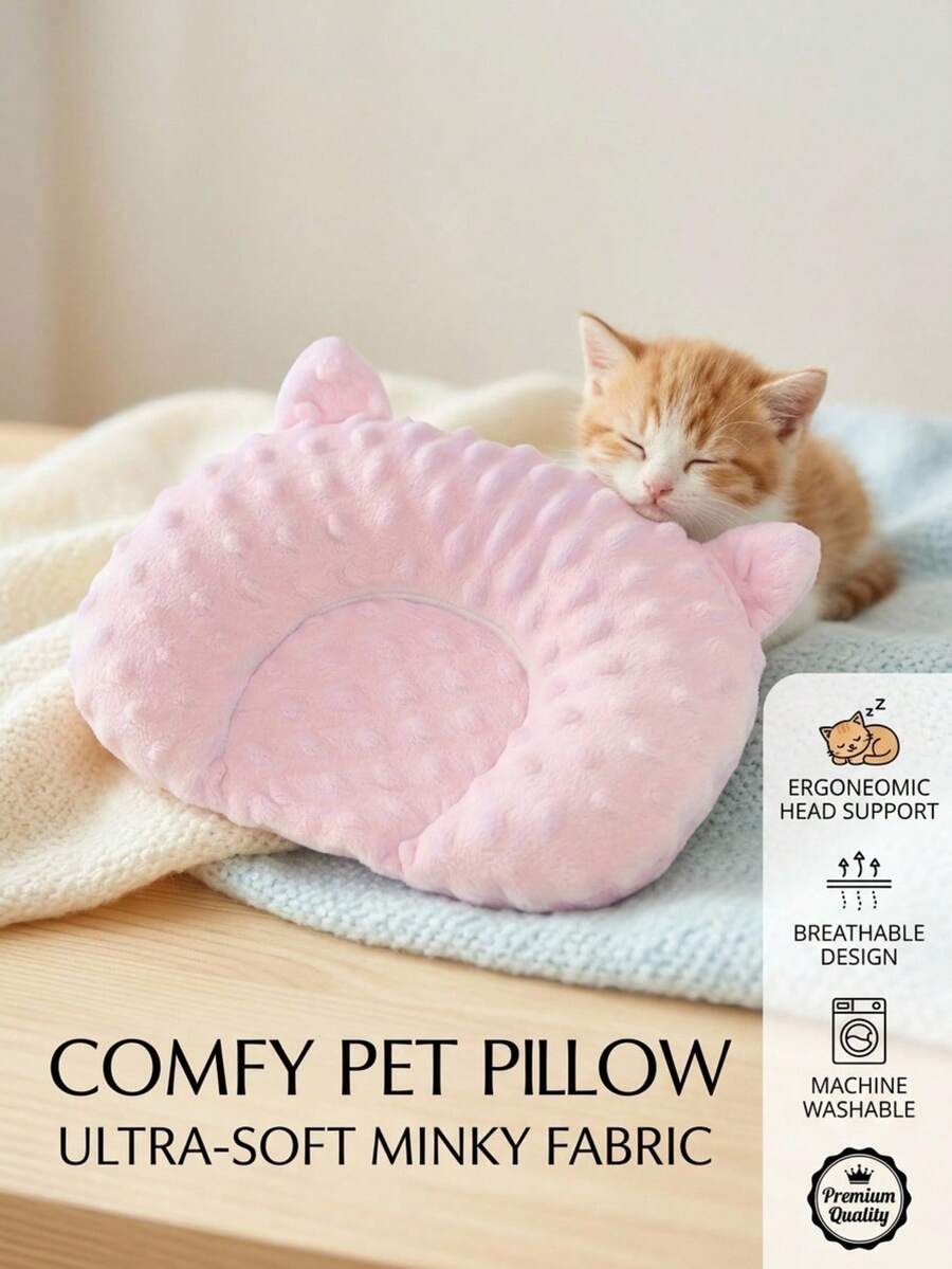 PETSIN 1pc Soft Plush Multi-Color Bear Ear Pet Pillow, Comfortable Small Pet Sleeping Mat, Suitable For Cats And Dogs All Seasons - Pink - View 1