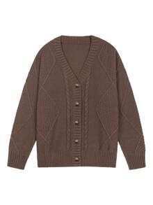 Women Cable Diamond Knit V Neck Button Front Cardigan, Side Pocket Oversized Rib Cuff Knit Jacket,Cardigan For Women,Sweaters,Fall Clothes - Brown - View 3