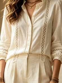 Women's Vintage Blouse With Ruffled Lace Hollow-Out Lantern Sleeves - Apricot - View 6