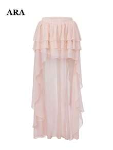 ARA CHIC Falda-pantalón de gasa rosa claro con volantes en capas, cintura elástica, falda irregular de largo asimétrico tipo maxi para otoño, estilo occidental, concierto y vacaciones - Rosa - Ver 6