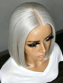 Silver Grey 200 Density Short Straight Lace Front Wigs Human Hair Glueless Human Hair Wig Brazilian Virgin Silver Gray Colored 13x4 HD Transparent Natural Straight Bob Lace Frontal Wig Pre Plucked Bleached Knots - Grey - View 7
