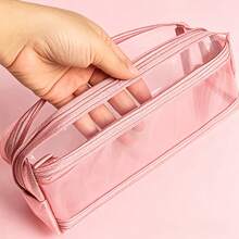 2/1 Cute Morandi Plaid Transparent Double Layer Pencil Case, Large Capacity Mesh Stationery Storage Bag With Handle And Zipper, Portable Travel Makeup Bag, Suitable For Adults, School, Office, Back To School Essential - Square - View 7