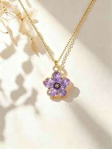 1pc Exquisite Fashionable Five-Petal Flower Pendant Summer Collarbone Necklace, Stainless Steel Necklace, Sweet & Cute Street Style Accessory, Perfect For Daily Wear - Cherry Blossoms - View 9